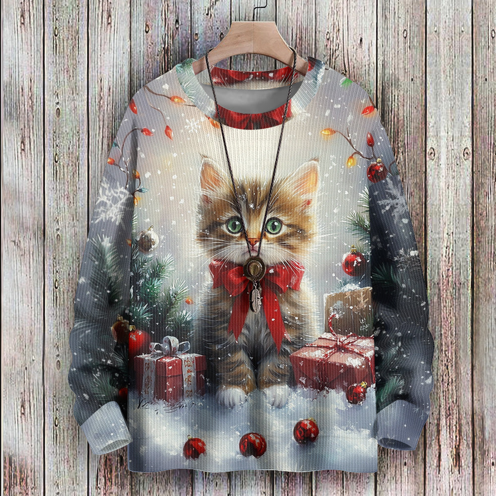 Cute Christmas Kitten Surrounded by Presents Knitted Sweater, mens short sleeve shirts¡ê?big and tall mens shirts¡ê?short sleeve shirts for men¡ê?mens 4xl shirts¡ê?casual short sleeve shirts