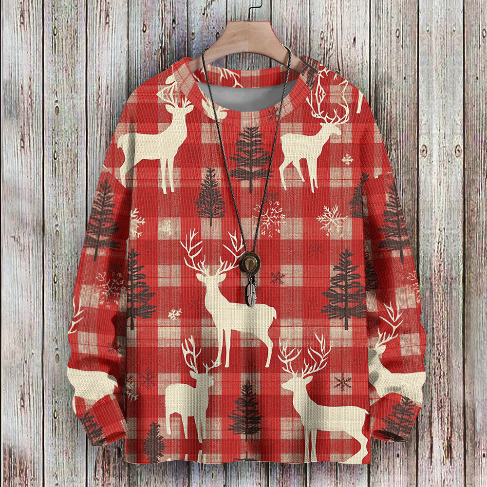 Red Checkered Print with Reindeer and Christmas Tree Silhouettes Knitted Sweatshirt, mens short sleeve shirts¡ê?big and tall mens shirts¡ê?short sleeve shirts for men¡ê?mens 4xl shirts¡ê?casual short sleeve shirts