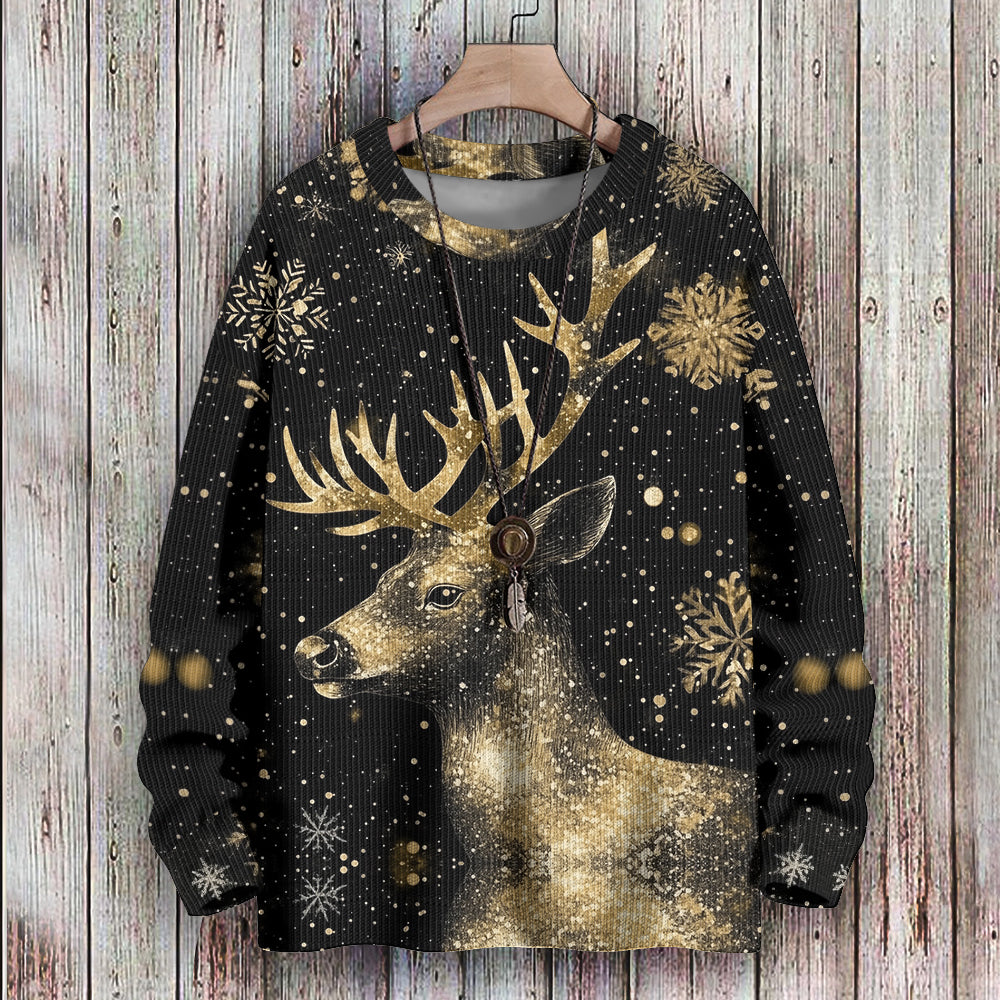 Glowing Golden Reindeer and Snowflakes Winter Knitted Crewneck Sweatshirt, mens short sleeve shirts¡ê?big and tall mens shirts¡ê?short sleeve shirts for men¡ê?mens 4xl shirts¡ê?casual short sleeve shirts