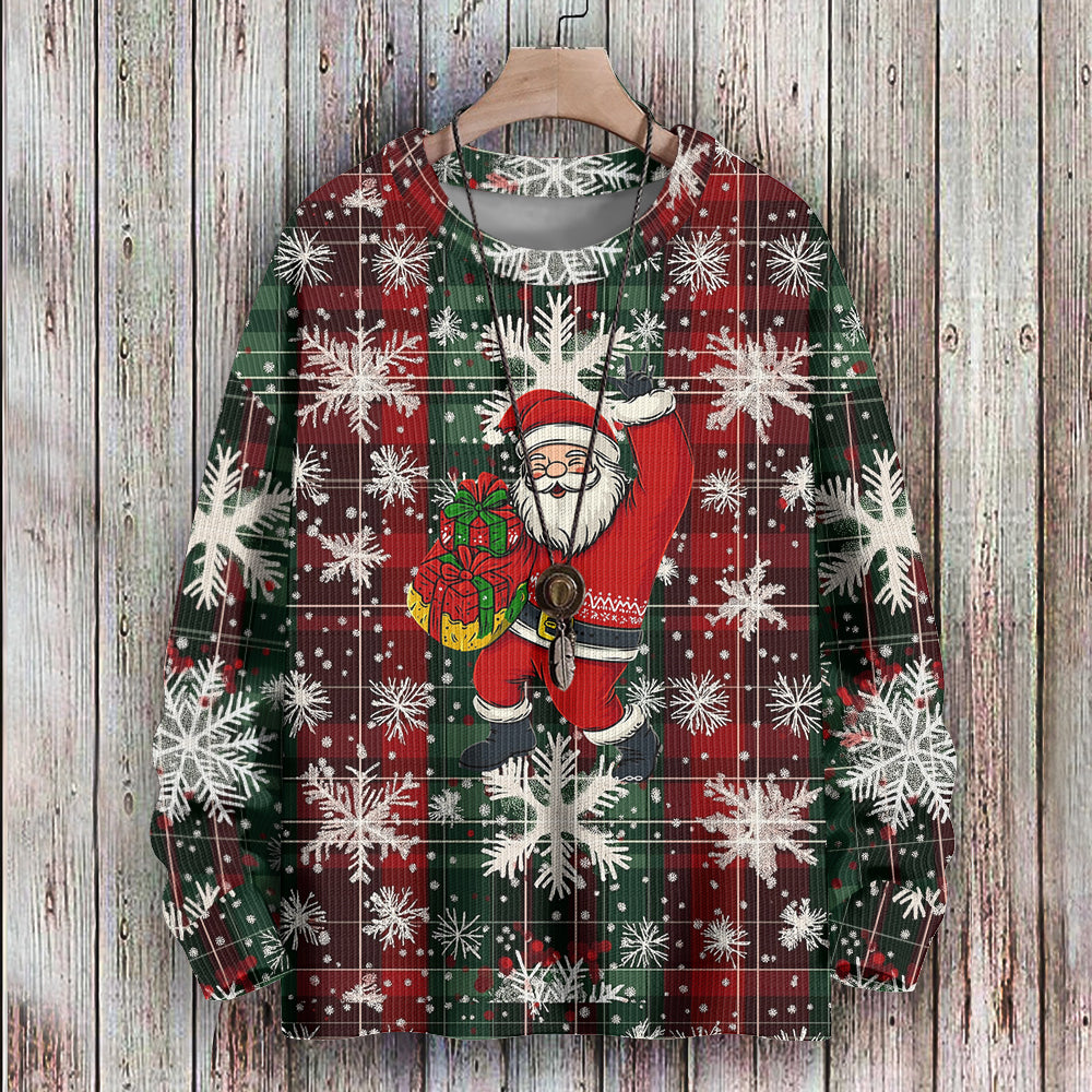 Checkered Ugly Christmas Snowflakes with Dancing Santa Knitted Sweater, mens short sleeve shirts¡ê?big and tall mens shirts¡ê?short sleeve shirts for men¡ê?mens 4xl shirts¡ê?casual short sleeve shirts