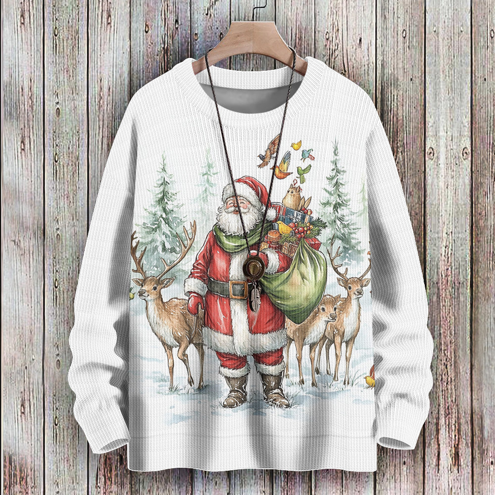 Santa Delivering Presents in the Forest with Reindeer Knitted Sweatshirt, mens short sleeve shirts¡ê?big and tall mens shirts¡ê?short sleeve shirts for men¡ê?mens 4xl shirts¡ê?casual short sleeve shirts