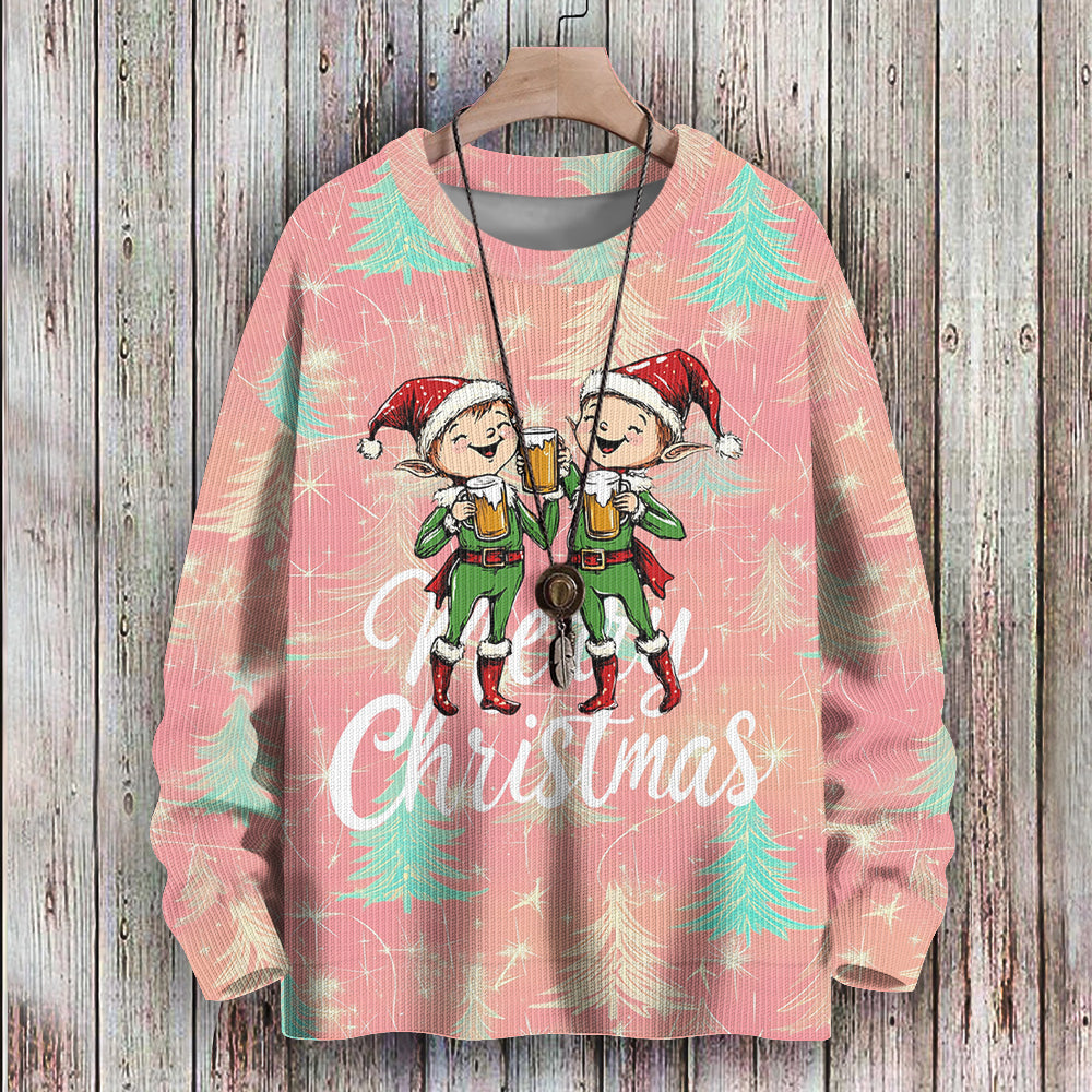 Merry Christmas Elves Celebrating with Beers Knitted Sweater, mens short sleeve shirts¡ê?big and tall mens shirts¡ê?short sleeve shirts for men¡ê?mens 4xl shirts¡ê?casual short sleeve shirts