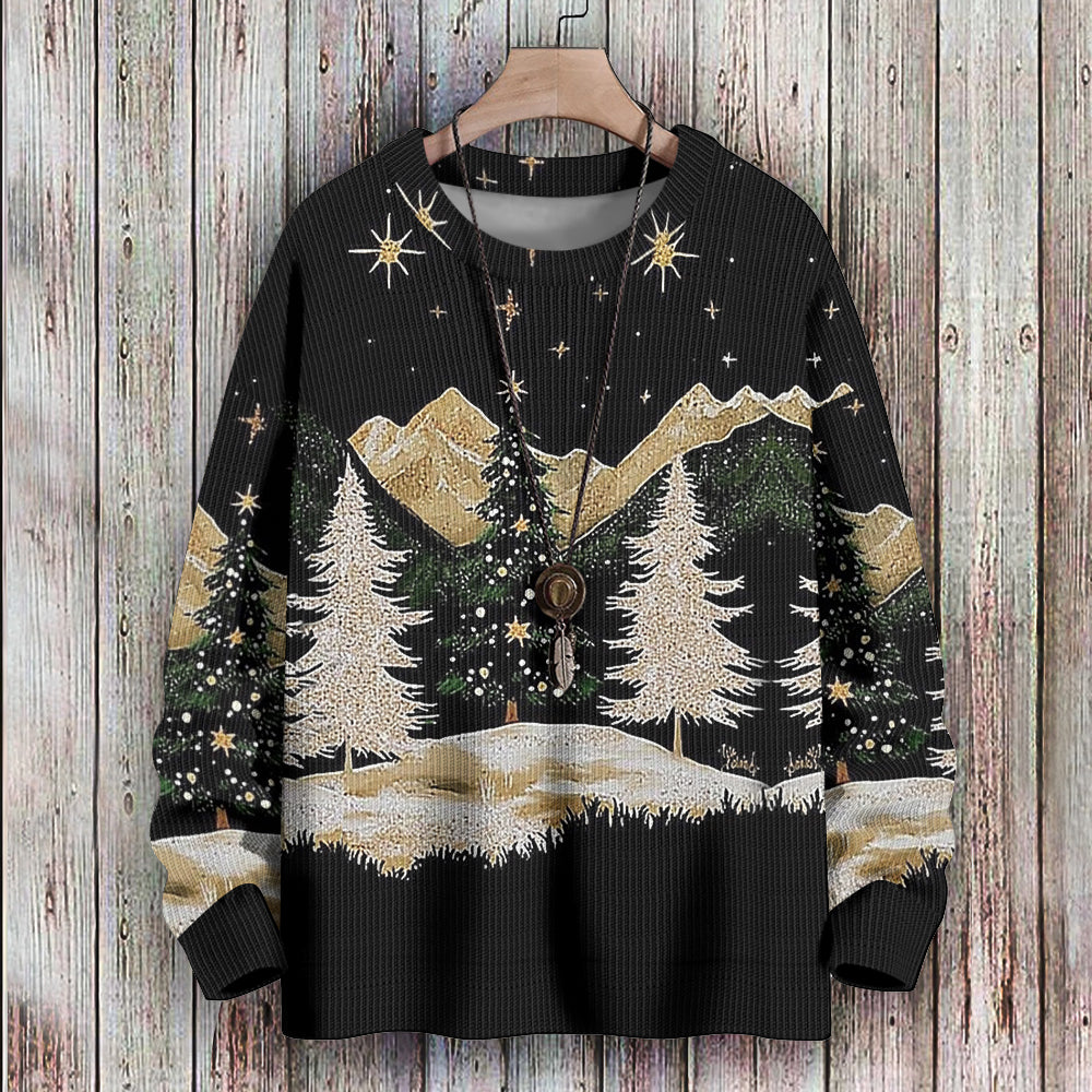 Golden Snowscape with Christmas Trees and Stars Knitted Sweatshirt, mens short sleeve shirts¡ê?big and tall mens shirts¡ê?short sleeve shirts for men¡ê?mens 4xl shirts¡ê?casual short sleeve shirts