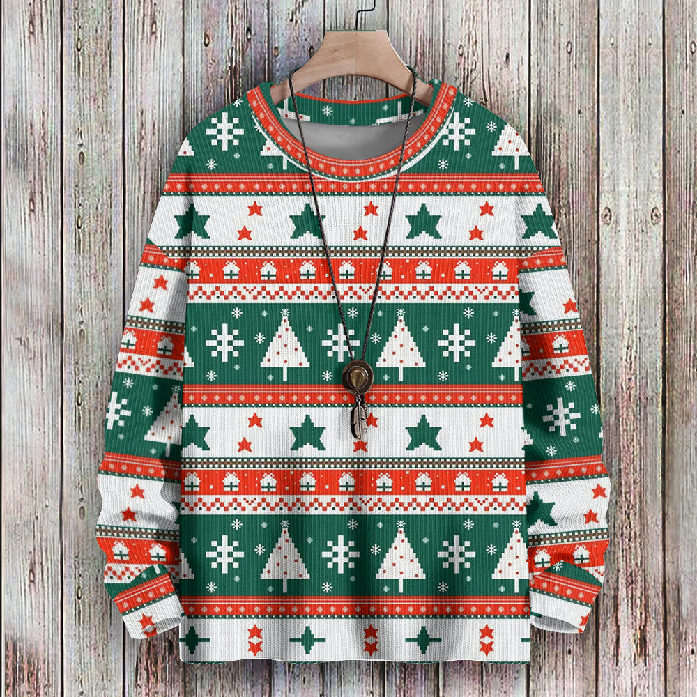 Pixel Style Christmas Pattern Tree Stars and Snowflake Knitted Sweatshirt, mens short sleeve shirts¡ê?big and tall mens shirts¡ê?short sleeve shirts for men¡ê?mens 4xl shirts¡ê?casual short sleeve shirts