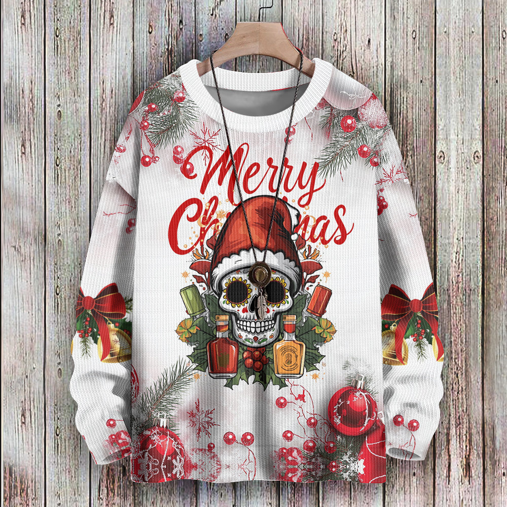 Sugar Skull Merry Christmas with Tequila Knitted Sweater, mens short sleeve shirts£¬big and tall mens shirts£¬short sleeve shirts for men£¬mens 4xl shirts£¬casual short sleeve shirts