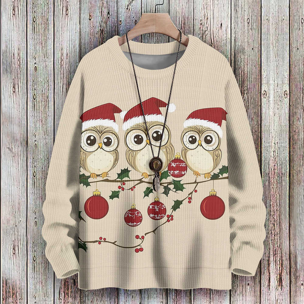 Three Christmas Owls Perched on Mistletoe with Ornaments Knitted Sweatshirt, mens short sleeve shirts¡ê?big and tall mens shirts¡ê?short sleeve shirts for men¡ê?mens 4xl shirts¡ê?casual short sleeve shirts