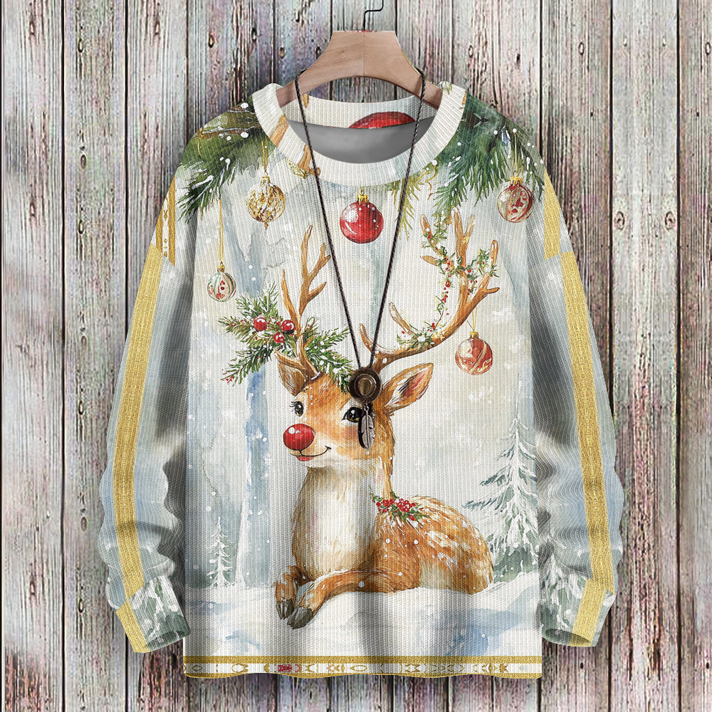 Adorable Red-Nosed Reindeer Resting Under Christmas Ornaments Knitted Sweatshirt, mens short sleeve shirts¡ê?big and tall mens shirts¡ê?short sleeve shirts for men¡ê?mens 4xl shirts¡ê?casual short sleeve shirts