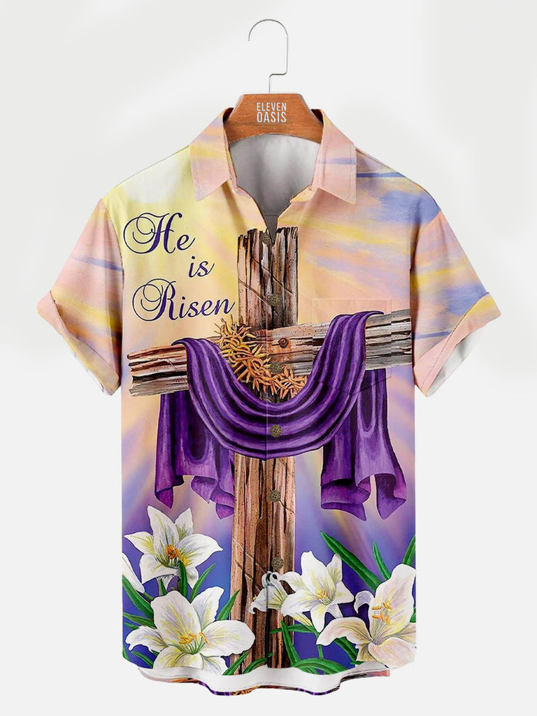 Easter Crucifix Print Men's ShirtMens short sleeve shirts Big and tall Mens shirts Short sleeve shirts for men Mens 4xl shirts Casual short sleeve shirts