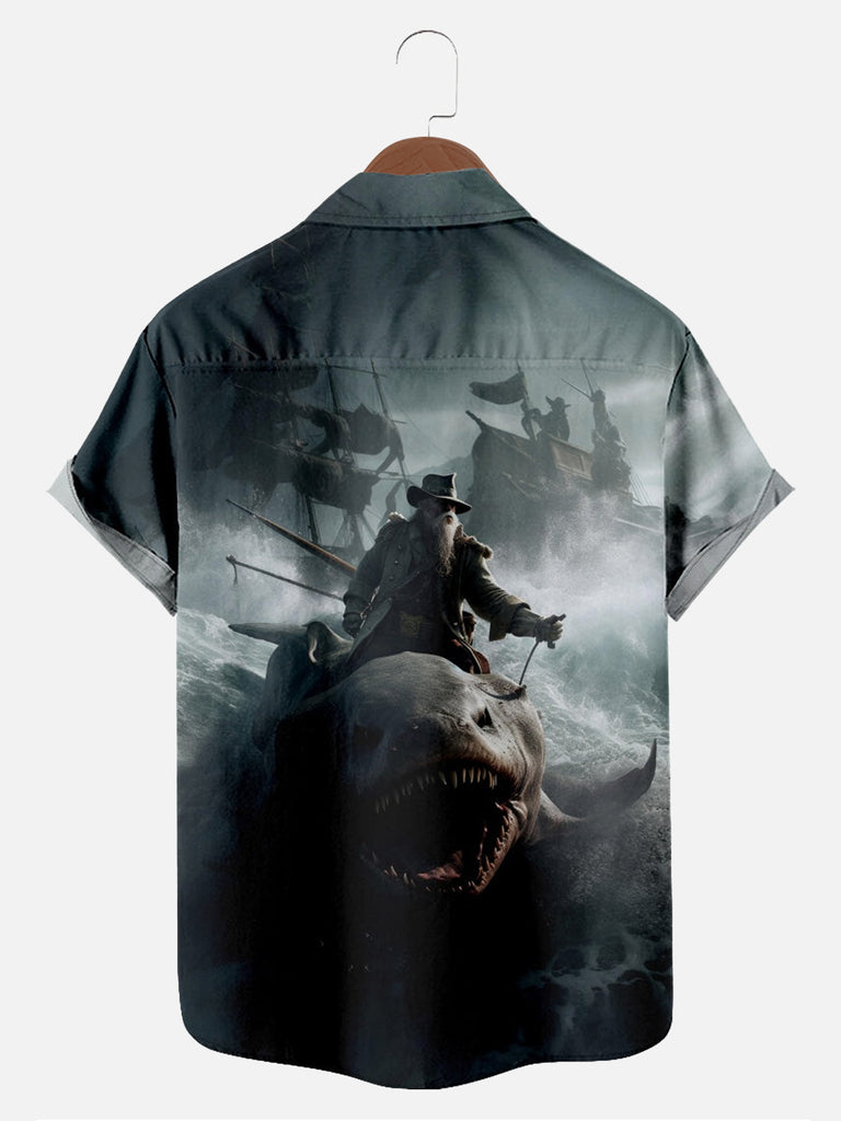 Men's Cowboy Pirate Riding a Shark Short Sleeve Shirt with Chest PocketMens short sleeve shirts Big and tall Mens shirts Short sleeve shirts for men Mens 4xl shirts Casual short sleeve shirts