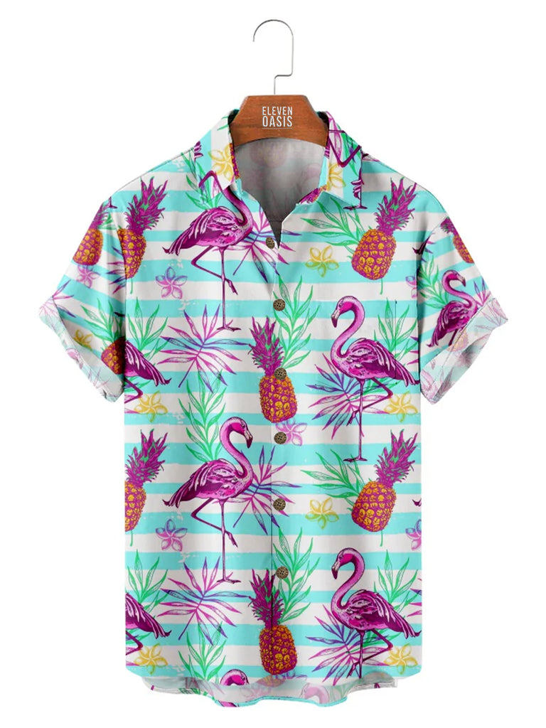 Men's Pineapple Flamingos All Over Print Casual Short Sleeve ShirtMens short sleeve shirts Big and tall Mens shirts Short sleeve shirts for men Mens 4xl shirts Casual short sleeve shirts