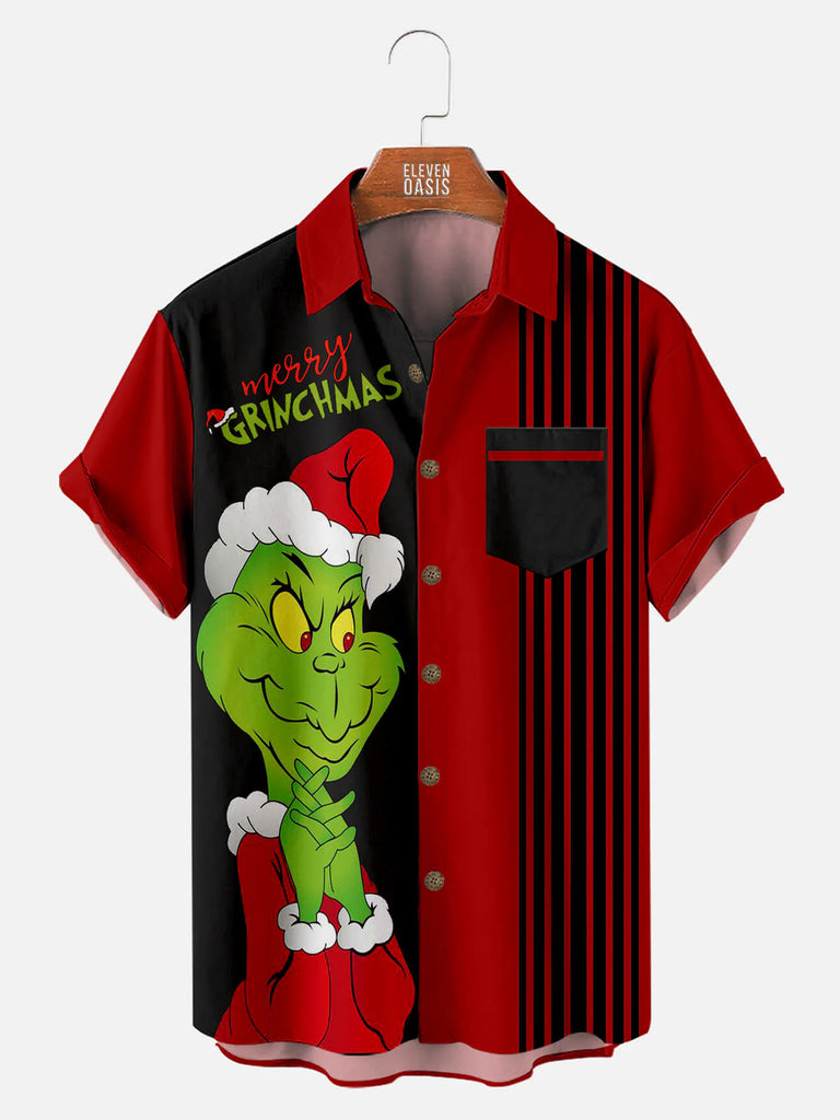 Merry Grinchmas Striped Men's Short Sleeve ShirtMens short sleeve shirts Big and tall Mens shirts Short sleeve shirts for men Mens 4xl shirts Casual short sleeve shirts