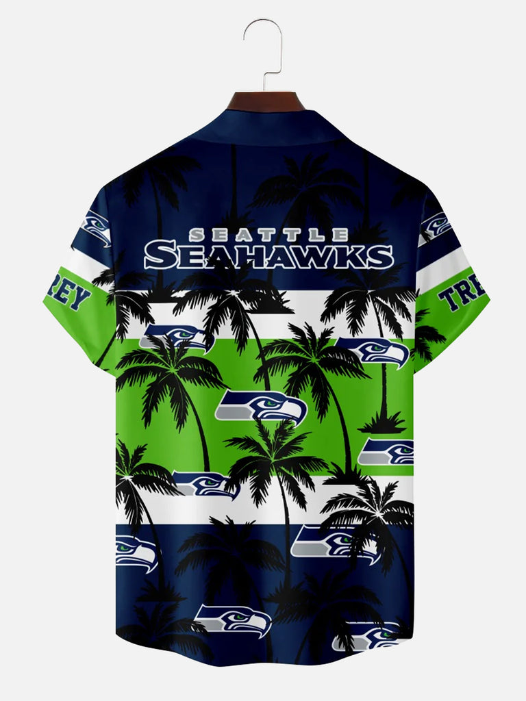 Seattle Seahawks American Football Palm Tree Stripes Print Short Sleeve ShirtMens short sleeve shirts Big and tall Mens shirts Short sleeve shirts for men Mens 4xl shirts Casual short sleeve shirts