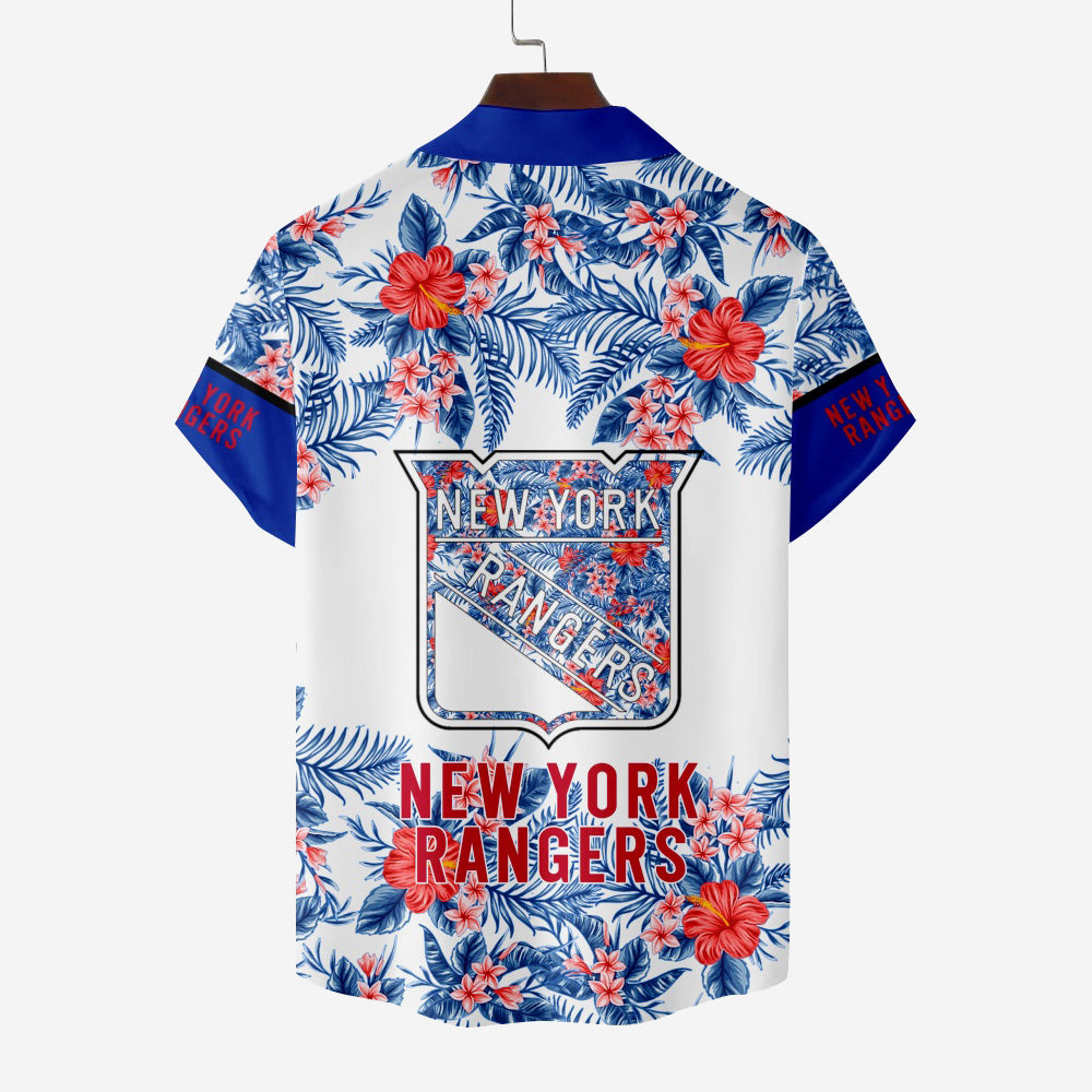 New York Rangers Ice Hockey Hawaiian Floral Foliage Short Sleeve ShirtMens short sleeve shirts Big and tall Mens shirts Short sleeve shirts for men Mens 4xl shirts Casual short sleeve shirts