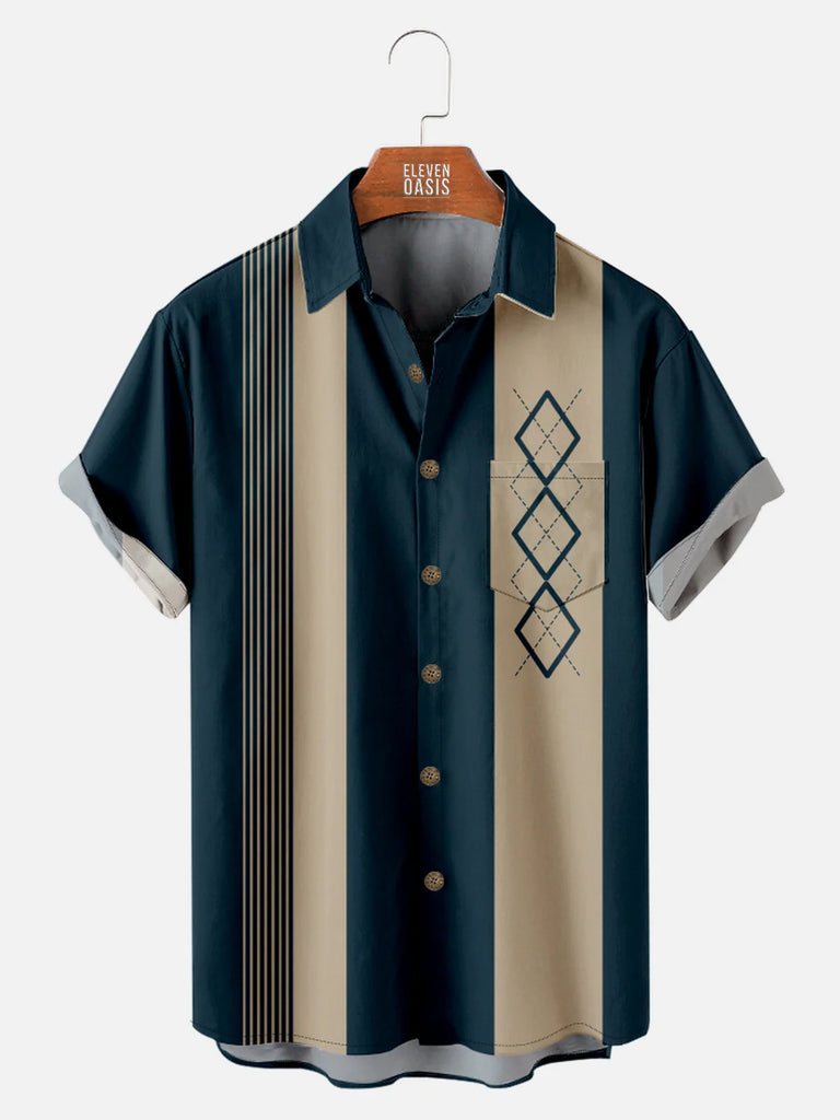 Tall Casual Art Collection Geometric Stripes Color Block Bowling Pattern Lapel Short Sleeve Shirt Print Top, mens short sleeve shirts£¬big and tall mens shirts£¬short sleeve shirts for men£¬mens 4xl shirts£¬casual short sleeve shirts