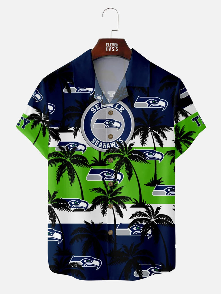 Seattle Seahawks American Football Palm Tree Stripes Print Short Sleeve ShirtMens short sleeve shirts Big and tall Mens shirts Short sleeve shirts for men Mens 4xl shirts Casual short sleeve shirts