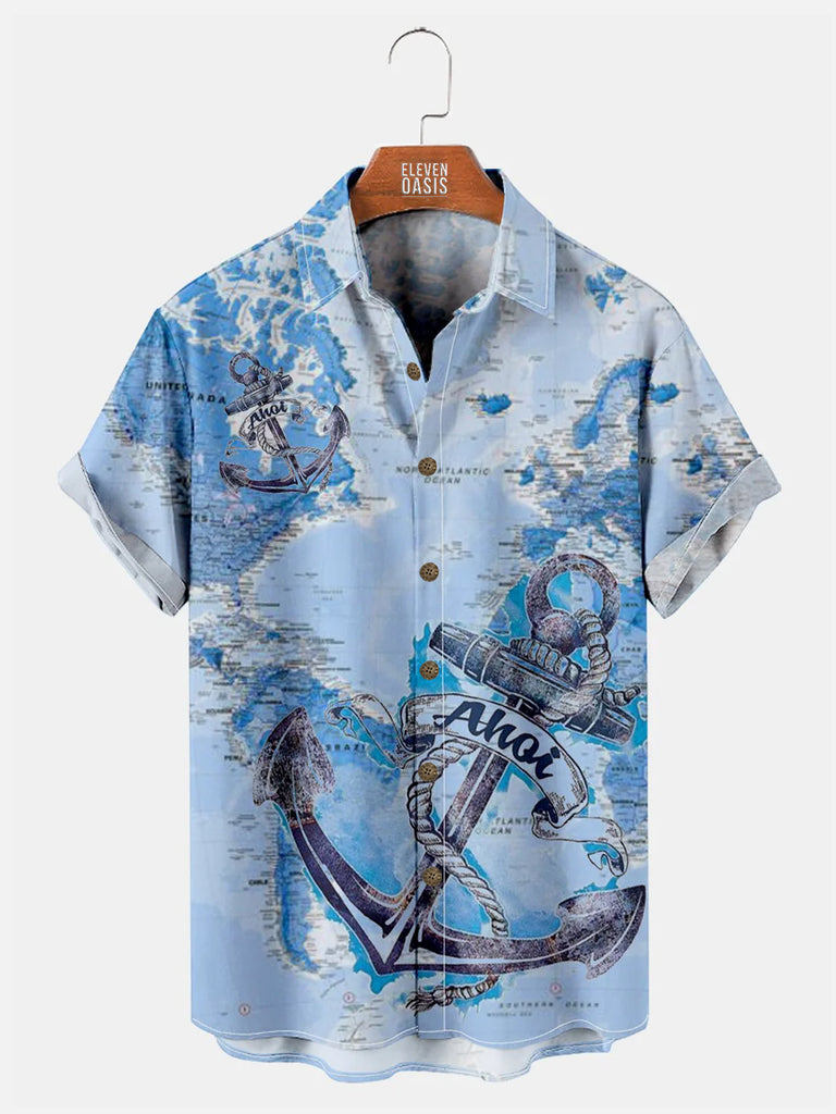 Men's Retro Anchor Print Casual Short Sleeve ShirtMens short sleeve shirts Big and tall Mens shirts Short sleeve shirts for men Mens 4xl shirts Casual short sleeve shirts