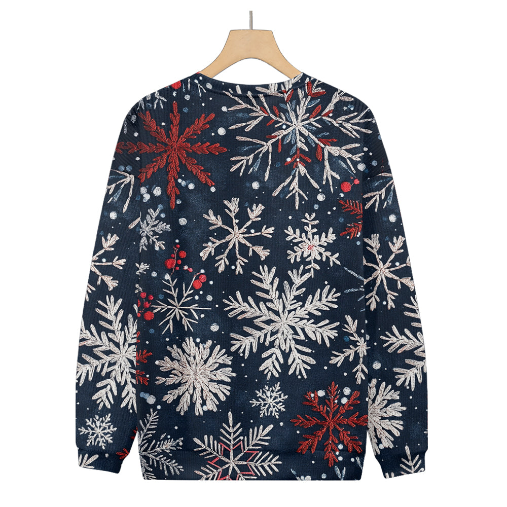 Embroidered-look Snowflakes on Dark Blue Knitted Sweatshirt, mens short sleeve shirts¡ê?big and tall mens shirts¡ê?short sleeve shirts for men¡ê?mens 4xl shirts¡ê?casual short sleeve shirts