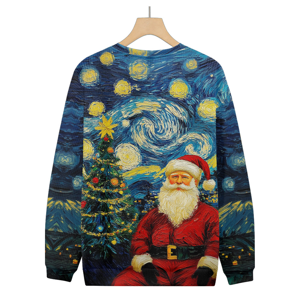 Portrait of Santa and Christmas Tree in Van Gogh Style Knitted Sweater, mens short sleeve shirts?¨º?big and tall mens shirts?¨º?short sleeve shirts for men?¨º?mens 4xl shirts?¨º?casual short sleeve shirts