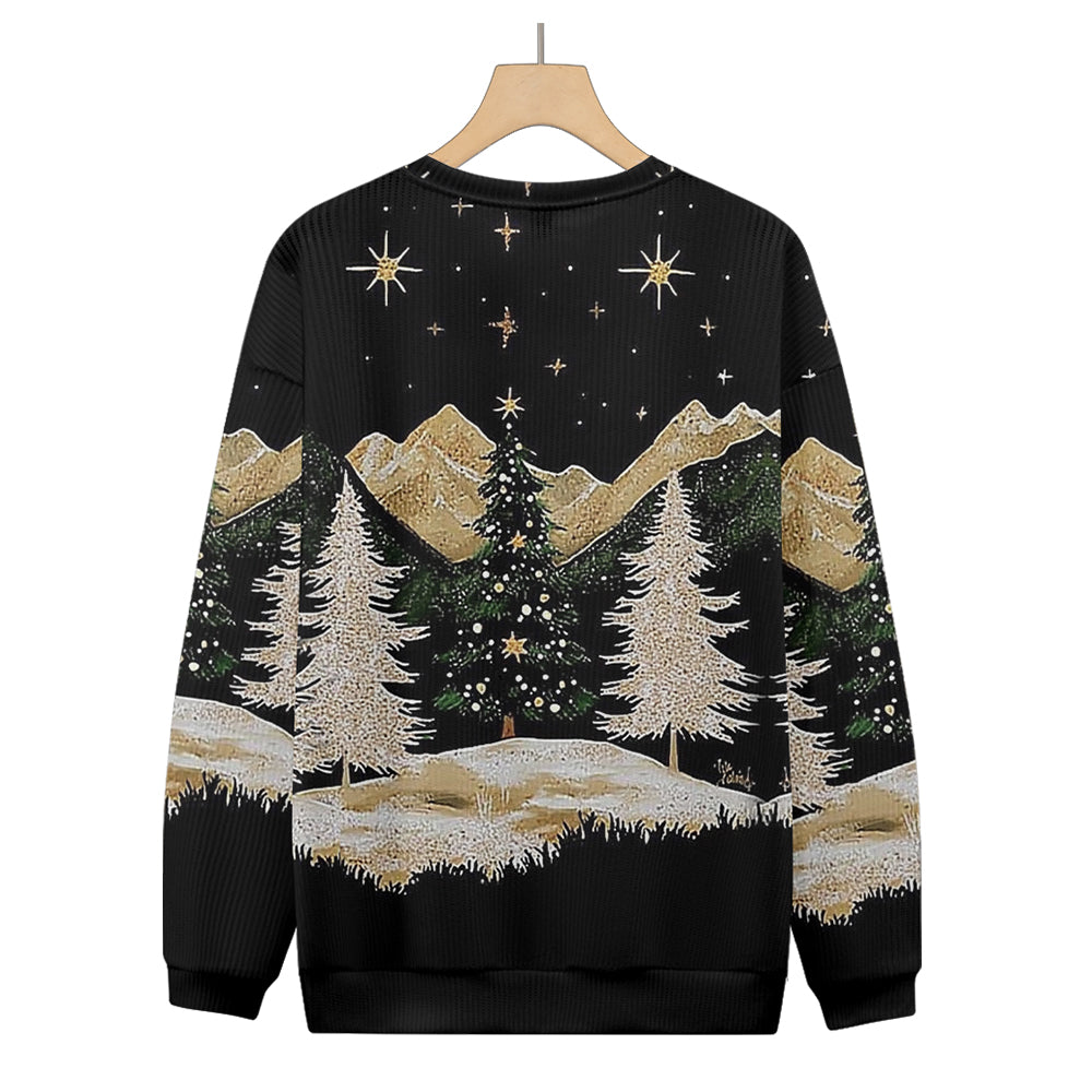 Golden Snowscape with Christmas Trees and Stars Knitted Sweatshirt, mens short sleeve shirts¡ê?big and tall mens shirts¡ê?short sleeve shirts for men¡ê?mens 4xl shirts¡ê?casual short sleeve shirts