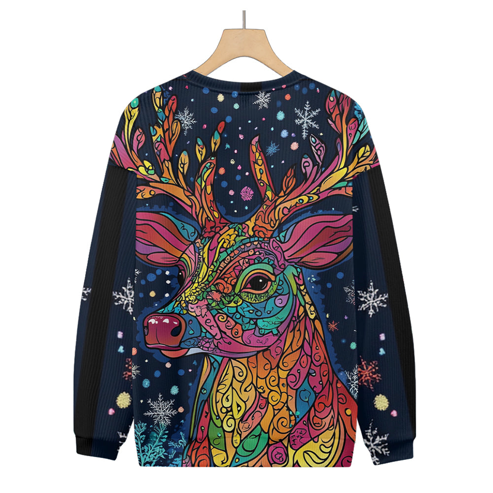 Colorful Majestic Winter Reindeer Crewneck Knitted Sweatshirt, mens short sleeve shirts¡ê?big and tall mens shirts¡ê?short sleeve shirts for men¡ê?mens 4xl shirts¡ê?casual short sleeve shirts