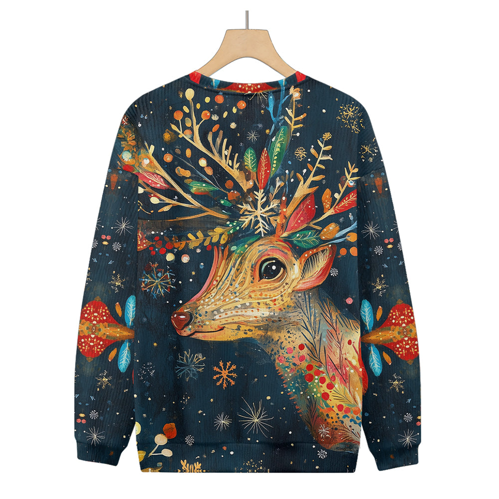 Hand Painted Colorful Reindeer Snowflakes Knitted Crewneck Sweatshirt, mens short sleeve shirts¡ê?big and tall mens shirts¡ê?short sleeve shirts for men¡ê?mens 4xl shirts¡ê?casual short sleeve shirts