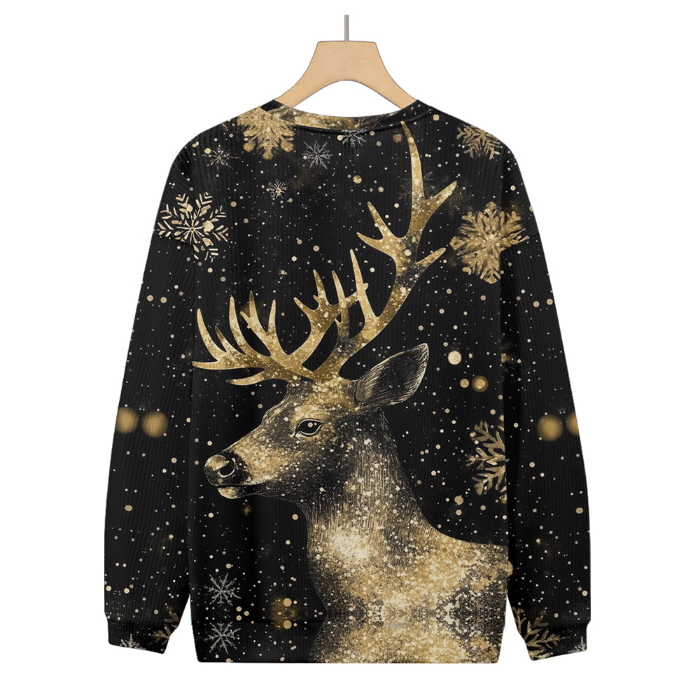 Glowing Golden Reindeer and Snowflakes Winter Knitted Crewneck Sweatshirt, mens short sleeve shirts¡ê?big and tall mens shirts¡ê?short sleeve shirts for men¡ê?mens 4xl shirts¡ê?casual short sleeve shirts