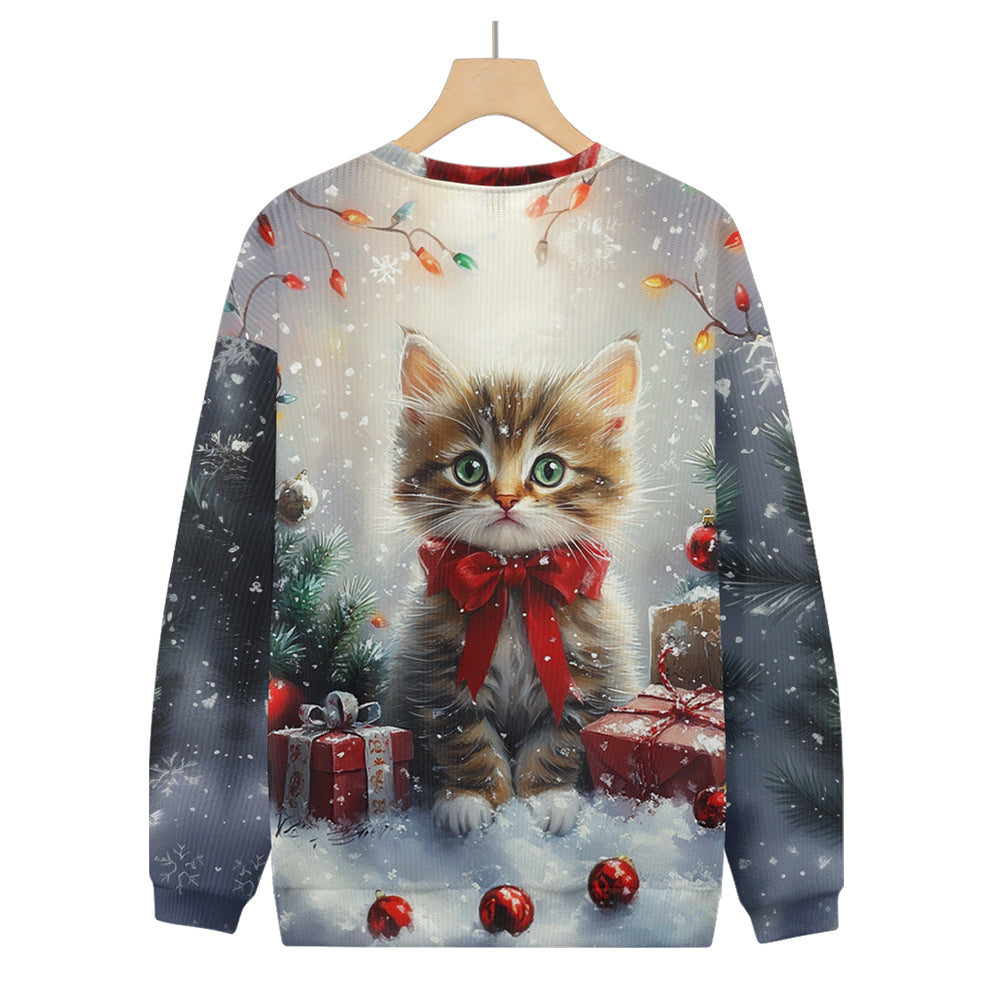 Cute Christmas Kitten Surrounded by Presents Knitted Sweater, mens short sleeve shirts¡ê?big and tall mens shirts¡ê?short sleeve shirts for men¡ê?mens 4xl shirts¡ê?casual short sleeve shirts