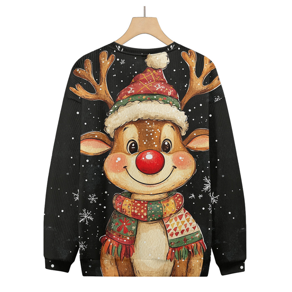 Happy Red-Nosed Reindeer with a Santa Hat Knitted Sweatshirt, mens short sleeve shirts¡ê?big and tall mens shirts¡ê?short sleeve shirts for men¡ê?mens 4xl shirts¡ê?casual short sleeve shirts