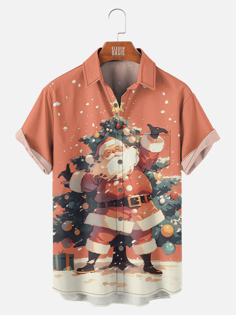 Men's Happy Santa Presenting a Christmas Tree Short Sleeve Shirt, mens short sleeve shirts?¡§o?big and tall mens shirts?¡§o?short sleeve shirts for men?¡§o?mens 4xl shirts?¡§o?casual short sleeve shirts