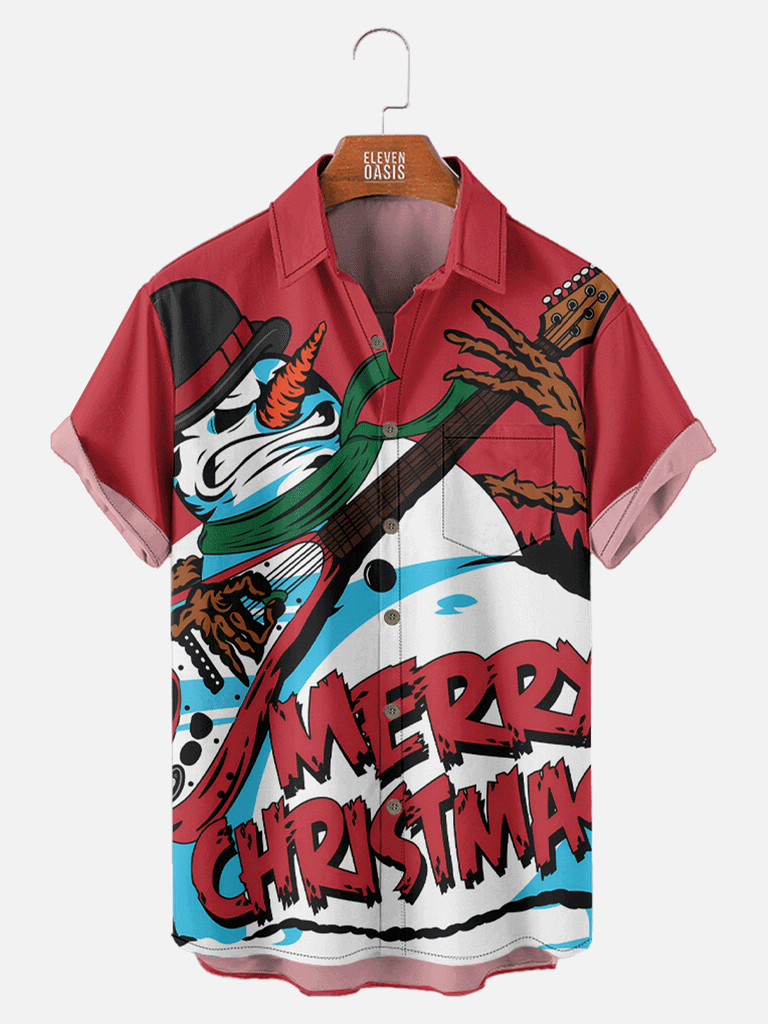 Rock Snowman Wishes you a Merry Christmas Short Sleeve Shirt, mens short sleeve shirts¡ê?big and tall mens shirts¡ê?short sleeve shirts for men¡ê?mens 4xl shirts¡ê?casual short sleeve shirts