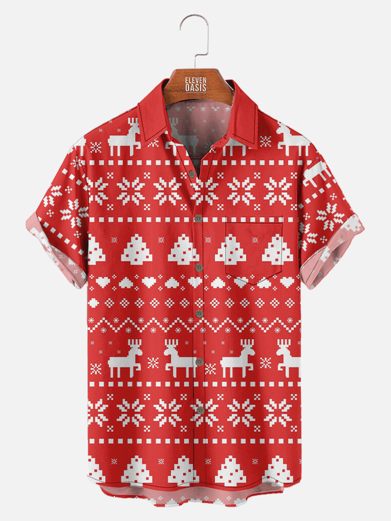 Men's Christmas Print with Deer and Trees Short Sleeve Shirt, mens short sleeve shirts¡ê?big and tall mens shirts¡ê?short sleeve shirts for men¡ê?mens 4xl shirts¡ê?casual short sleeve shirts