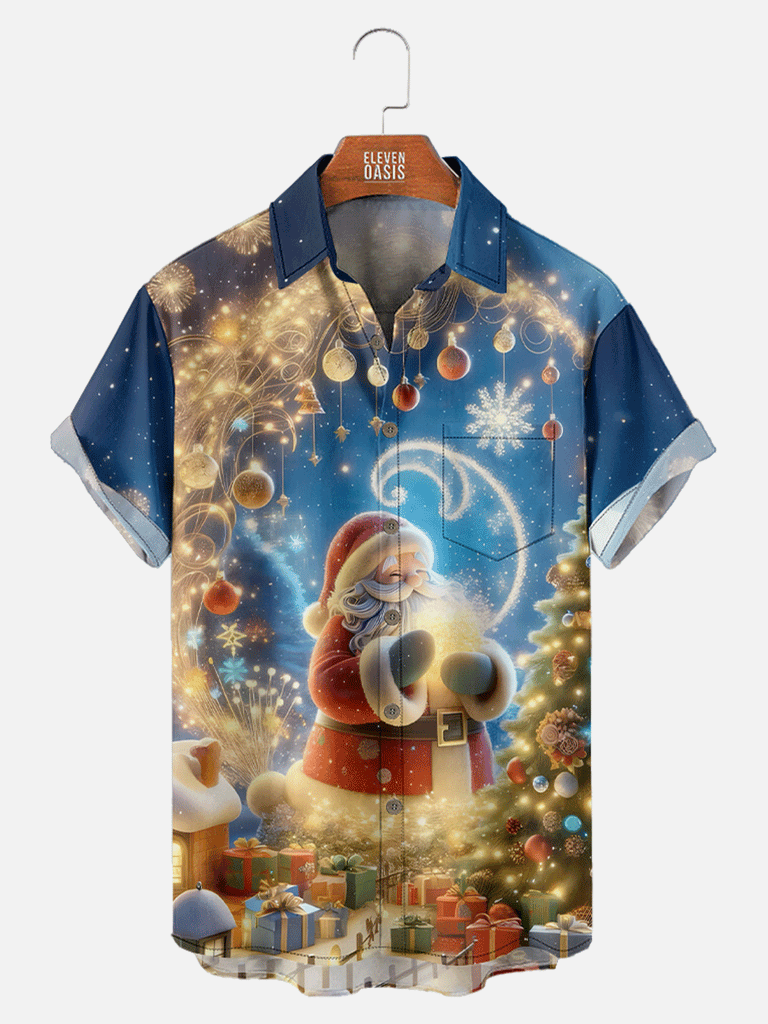 Santa With a Golden Glowing Star Surrounded by Presents Short Sleeve Shirt, mens short sleeve shirts¡ê?big and tall mens shirts¡ê?short sleeve shirts for men¡ê?mens 4xl shirts¡ê?casual short sleeve shirts