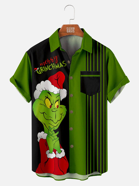 Merry Grinchmas Striped Men's Short Sleeve ShirtMens short sleeve shirts Big and tall Mens shirts Short sleeve shirts for men Mens 4xl shirts Casual short sleeve shirts