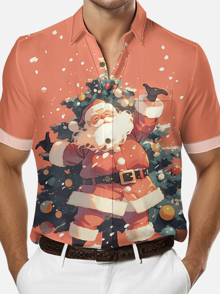 Men's Happy Santa Presenting a Christmas Tree Short Sleeve Shirt, mens short sleeve shirts?¡§o?big and tall mens shirts?¡§o?short sleeve shirts for men?¡§o?mens 4xl shirts?¡§o?casual short sleeve shirts