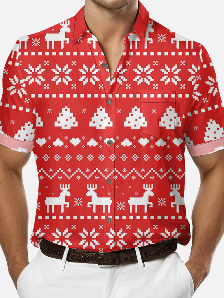 Men's Christmas Print with Deer and Trees Short Sleeve Shirt, mens short sleeve shirts?¡§o?big and tall mens shirts?¡§o?short sleeve shirts for men?¡§o?mens 4xl shirts?¡§o?casual short sleeve shirts