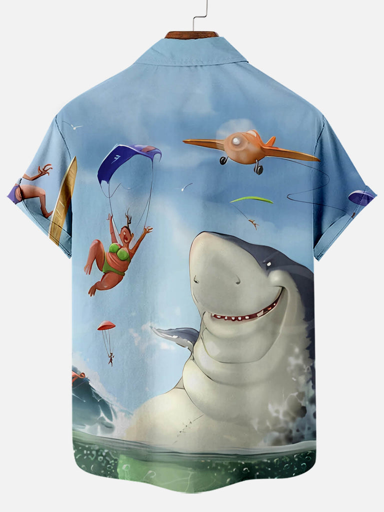 Men's Cartoon Fun Shark Print Short Sleeve ShirtMens short sleeve shirts Big and tall Mens shirts Short sleeve shirts for men Mens 4xl shirts Casual short sleeve shirts