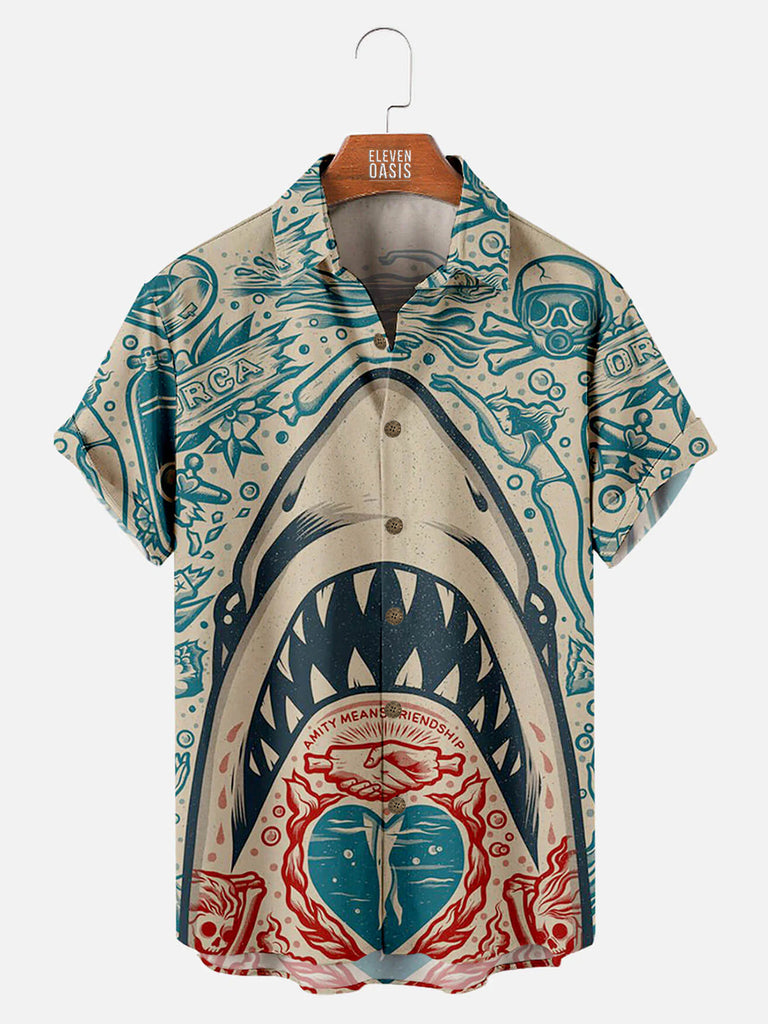 Hawaiian Great White Shark Pattern Men's Short Sleeve TopMens short sleeve shirts Big and tall Mens shirts Short sleeve shirts for men Mens 4xl shirts Casual short sleeve shirts