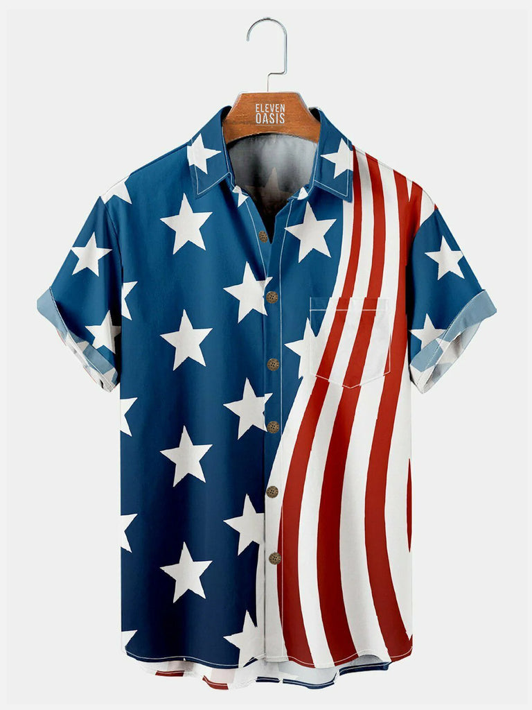 Independence Day Striped Star Pattern Men's Short Sleeve Pocket ShirtMens short sleeve shirts Big and tall Mens shirts Short sleeve shirts for men Mens 4xl shirts Casual short sleeve shirts