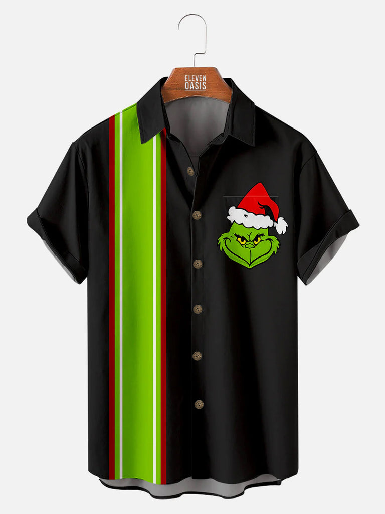 Christmas Grinch Stripe Pattern Men's Short Sleeve ShirtMens short sleeve shirts Big and tall Mens shirts Short sleeve shirts for men Mens 4xl shirts Casual short sleeve shirts