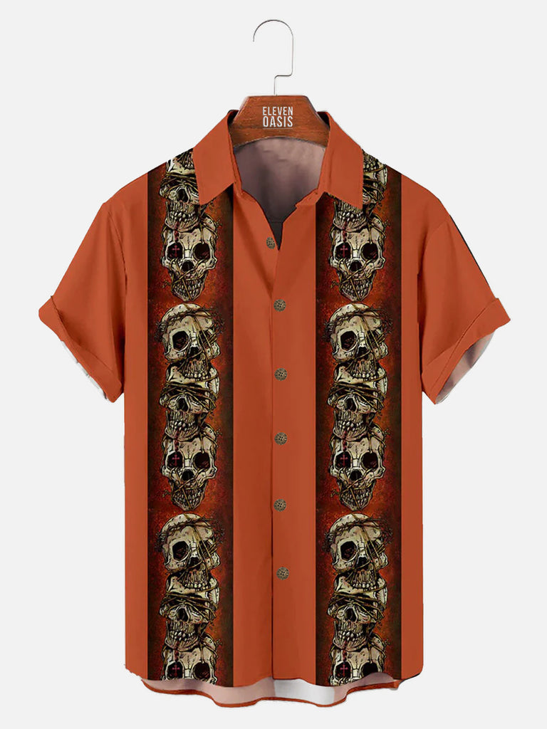 Men's Halloween Skull Contrast Print Short Sleeve Bowling ShirtMens short sleeve shirts Big and tall Mens shirts Short sleeve shirts for men Mens 4xl shirts Casual short sleeve shirts