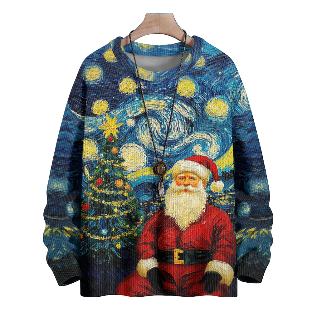 Portrait of Santa and Christmas Tree in Van Gogh Style Knitted Sweater, mens short sleeve shirts?¨º?big and tall mens shirts?¨º?short sleeve shirts for men?¨º?mens 4xl shirts?¨º?casual short sleeve shirts