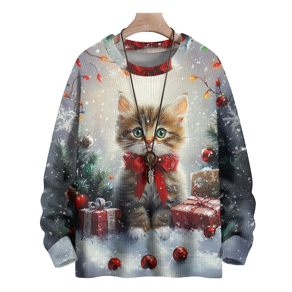 Cute Christmas Kitten Surrounded by Presents Knitted Sweater, mens short sleeve shirts¡ê?big and tall mens shirts¡ê?short sleeve shirts for men¡ê?mens 4xl shirts¡ê?casual short sleeve shirts