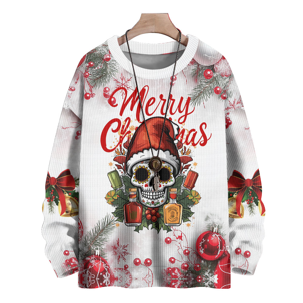 Sugar Skull Merry Christmas with Tequila Knitted Sweater, mens short sleeve shirts£¬big and tall mens shirts£¬short sleeve shirts for men£¬mens 4xl shirts£¬casual short sleeve shirts