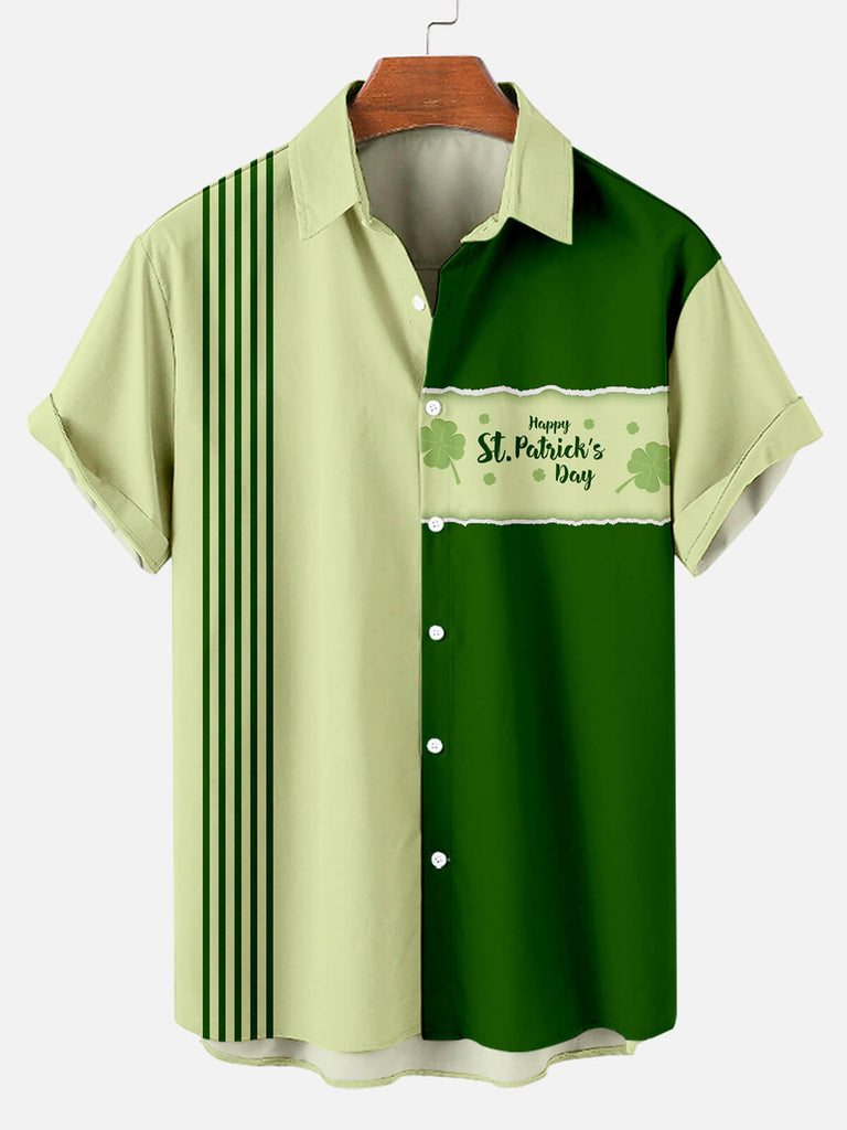 Men's St. Patrick's Contrast Stripe Pattern Bowling Short Sleeve ShirtMens short sleeve shirts Big and tall Mens shirts Short sleeve shirts for men Mens 4xl shirts Casual short sleeve shirts