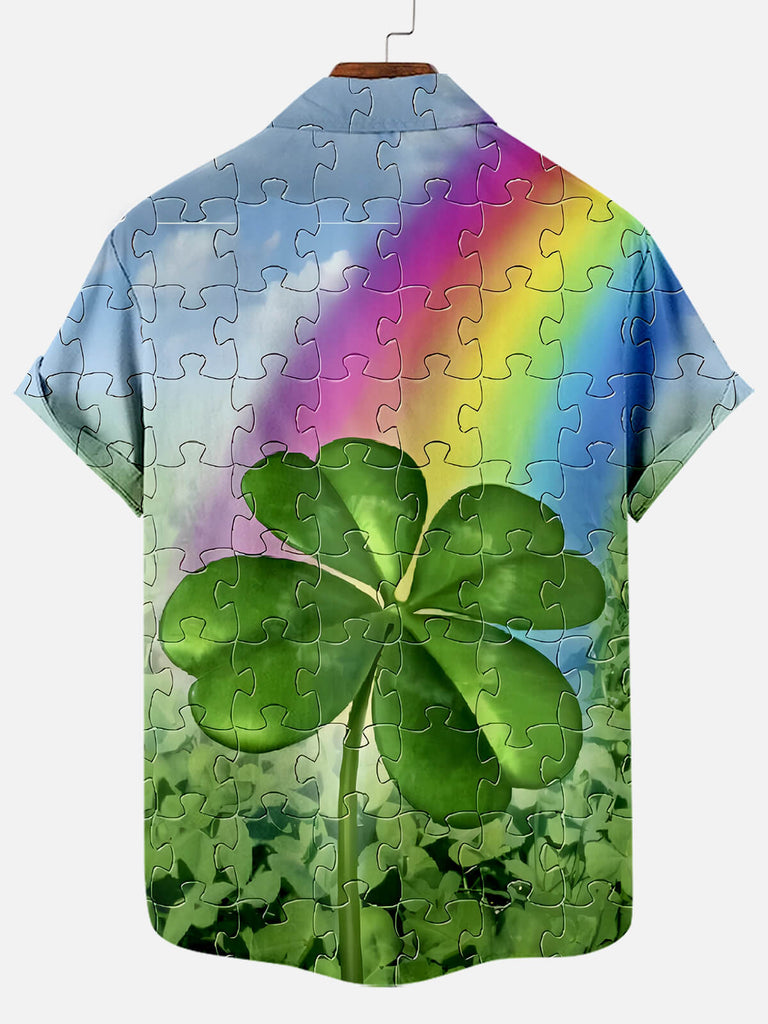 Men's St. Patrick's Clover Puzzle Rainbow Print Short Sleeve ShirtMens short sleeve shirts Big and tall Mens shirts Short sleeve shirts for men Mens 4xl shirts Casual short sleeve shirts