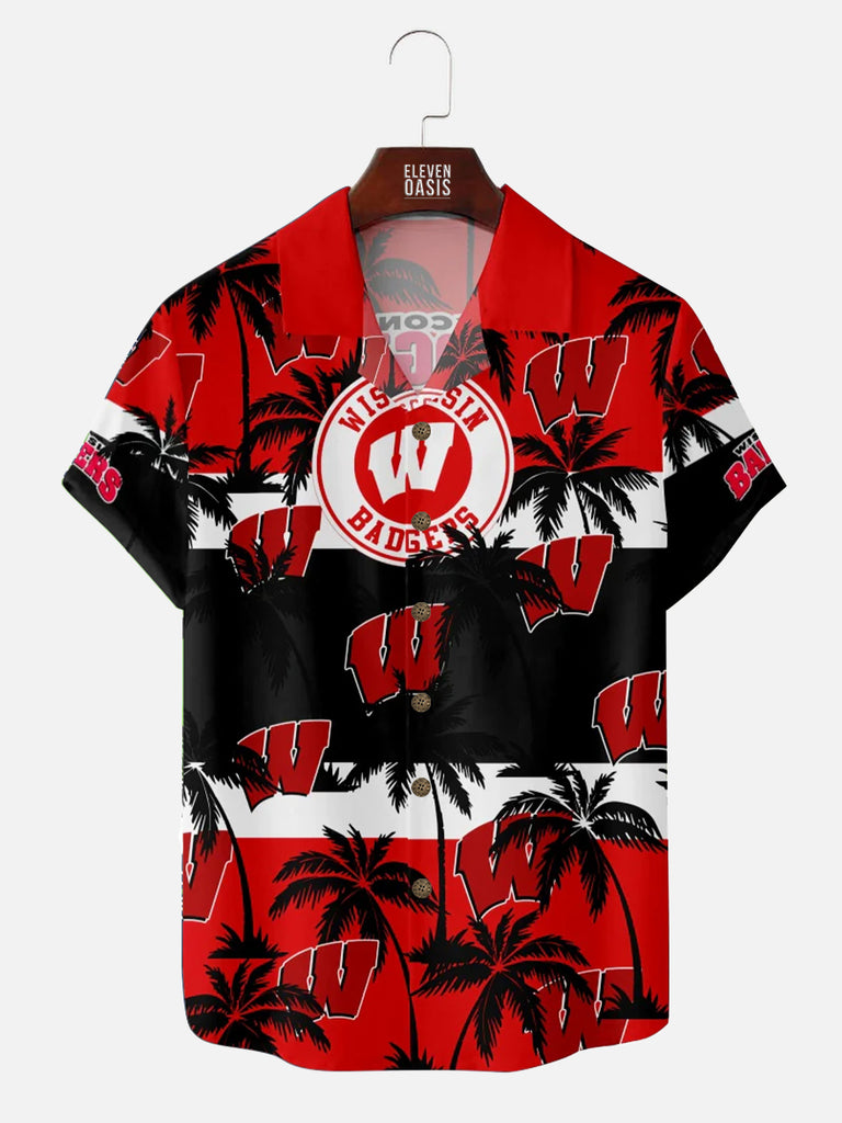 Wisconsin Badgers American Football Palm Tree Print Short Sleeve ShirtMens short sleeve shirts Big and tall Mens shirts Short sleeve shirts for men Mens 4xl shirts Casual short sleeve shirts