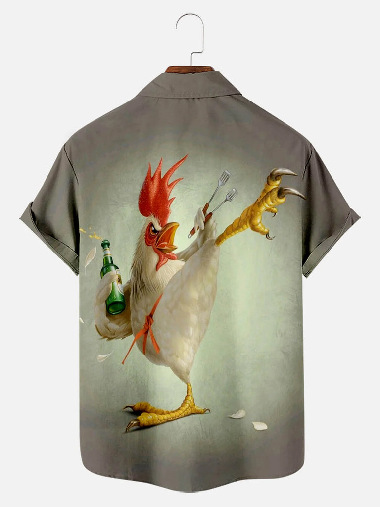 Kung fu Rooster Chest Pocket Short Sleeve Casual ShirtMens short sleeve shirts Big and tall Mens shirts Short sleeve shirts for men Mens 4xl shirts Casual short sleeve shirts