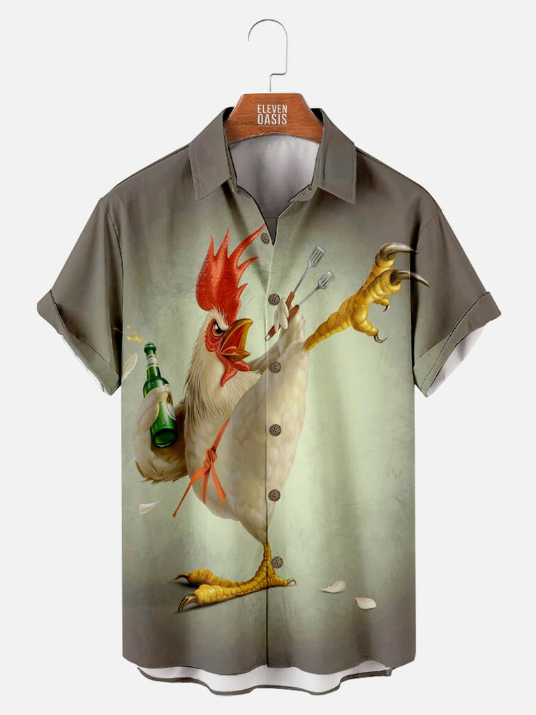 Kung fu Rooster Chest Pocket Short Sleeve Casual ShirtMens short sleeve shirts Big and tall Mens shirts Short sleeve shirts for men Mens 4xl shirts Casual short sleeve shirts