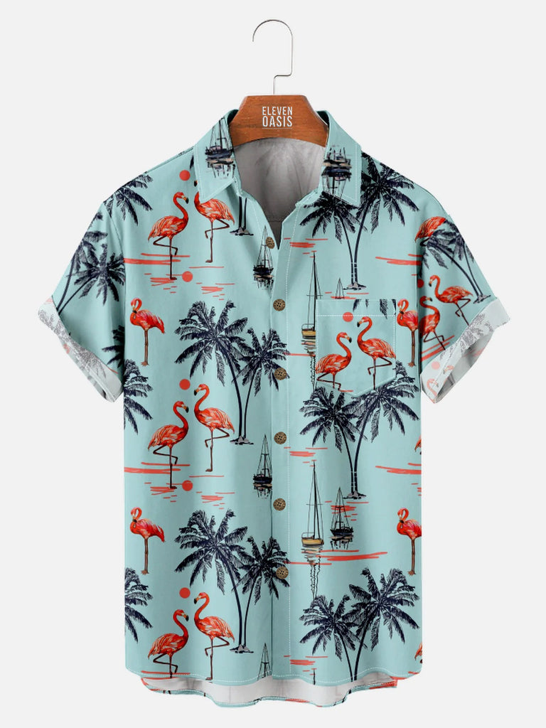 Men's Beach Flamingo Vacay Style Casual Short Sleeve ShirtMens short sleeve shirts Big and tall Mens shirts Short sleeve shirts for men Mens 4xl shirts Casual short sleeve shirts