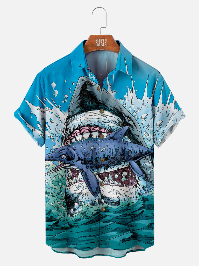 Hawaiian Great White Shark Pattern Men's Short Sleeve TopMens short sleeve shirts Big and tall Mens shirts Short sleeve shirts for men Mens 4xl shirts Casual short sleeve shirts